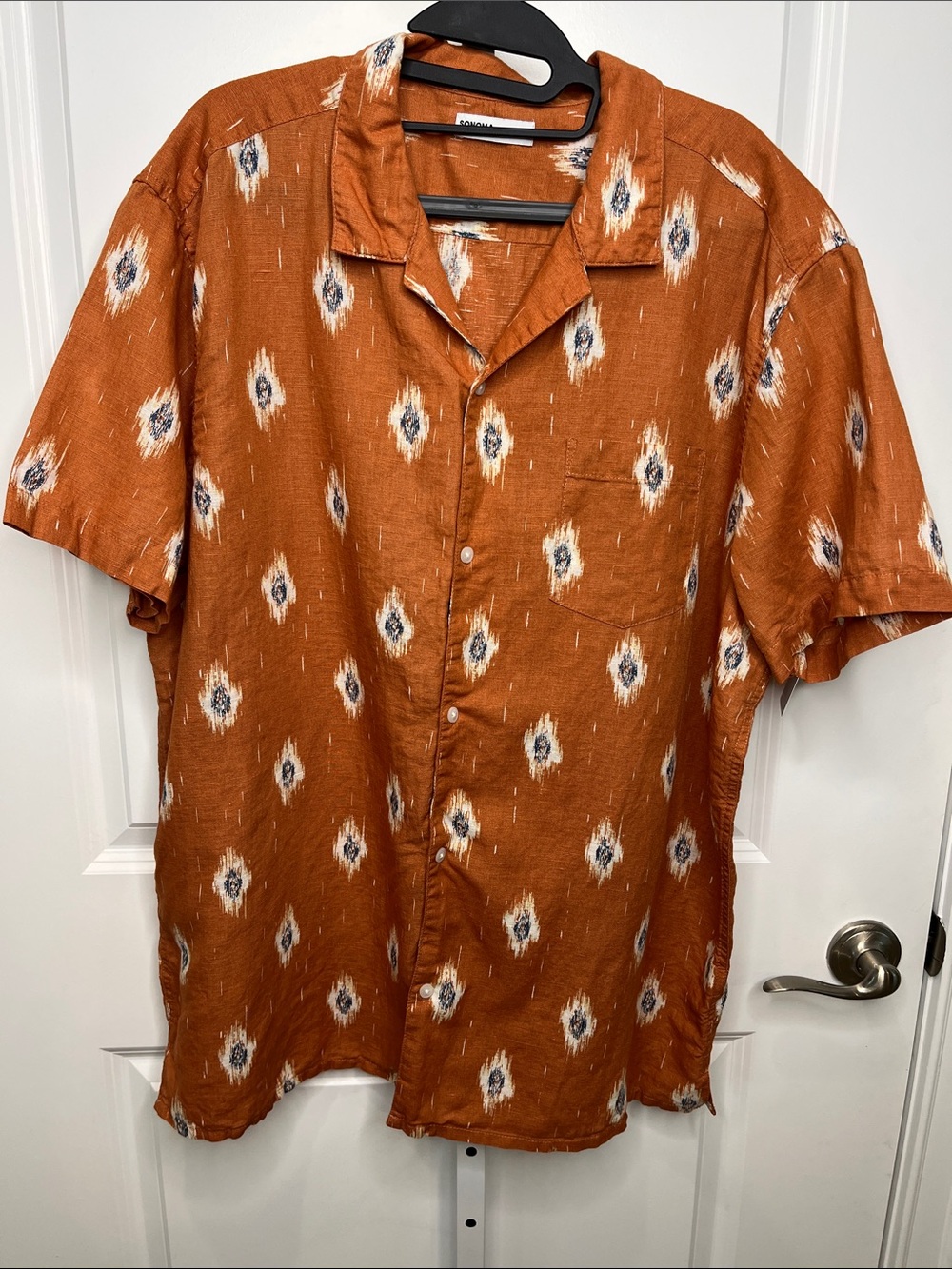 Sonoma Burnt Orange Short-Sleeve Linen Blend Shirt with Ikat Print Men’s XXL